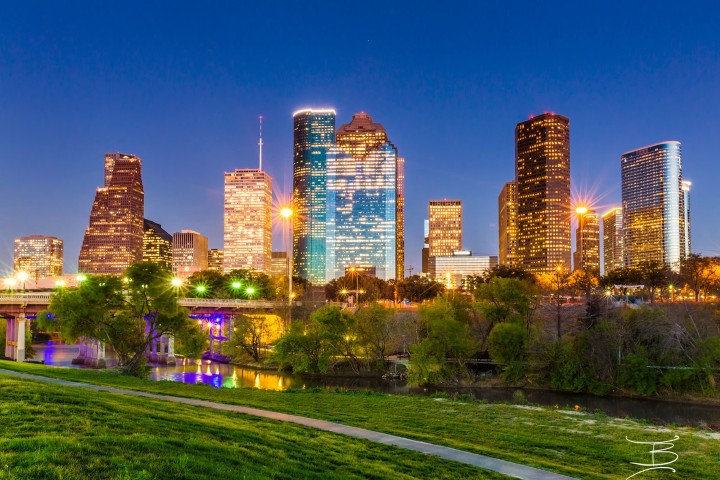 Downtown Houston skyline at night from Buffalo Bayou
