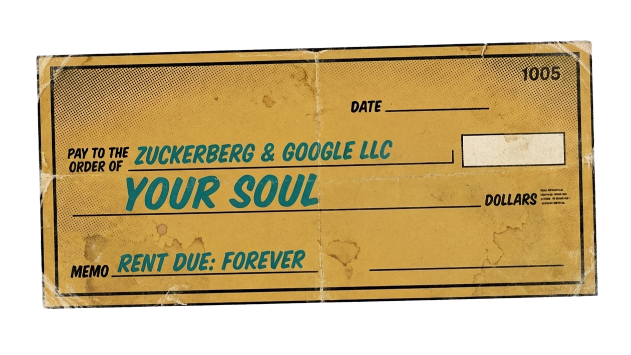 Check written to Zuckerberg & Google LLC for Your Soul - Rent Due Forever
