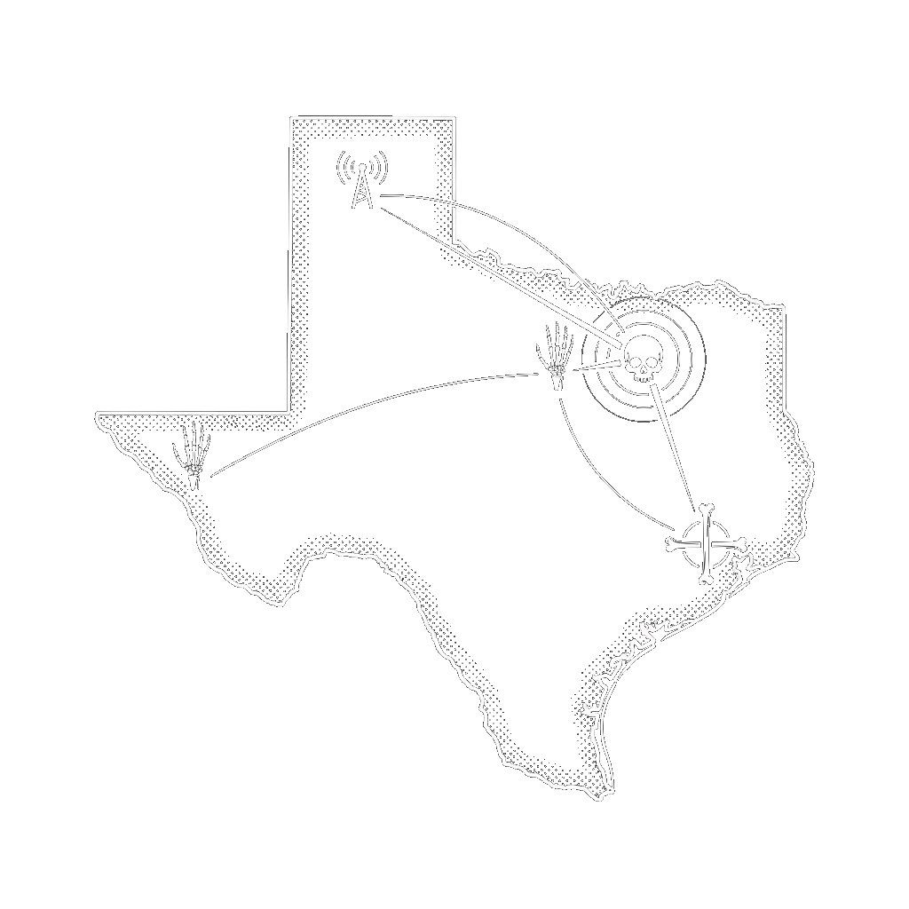 Map of Texas showing Branded Mayhem service areas including Dallas, Fort Worth, Houston, Richardson, and the Texas Panhandle